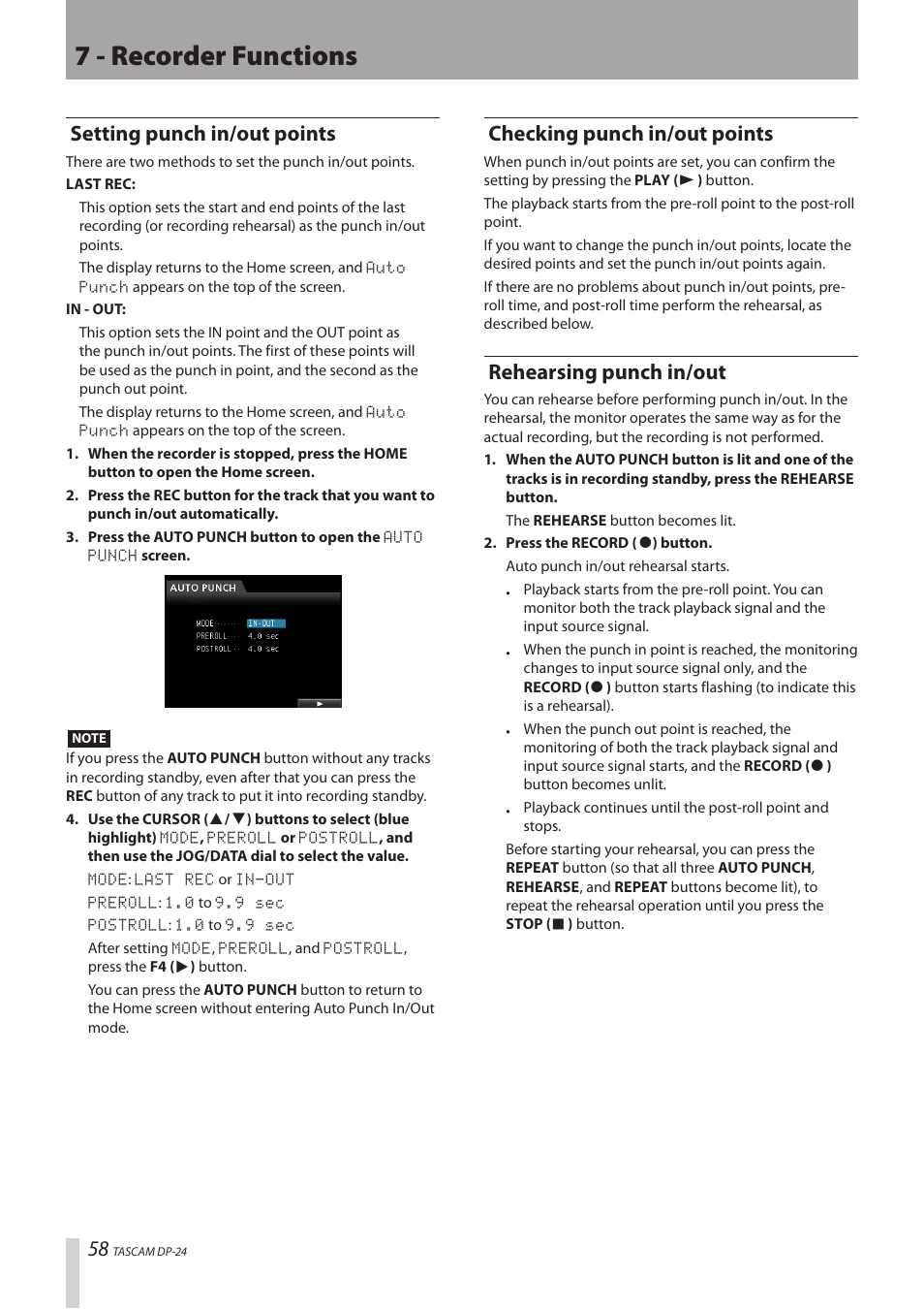 Setting punch in/out points, Checking punch in/out points, Rehearsing punch in/out | 7 - recorder functions | Teac DP-24 User Manual | Page 58 / 108