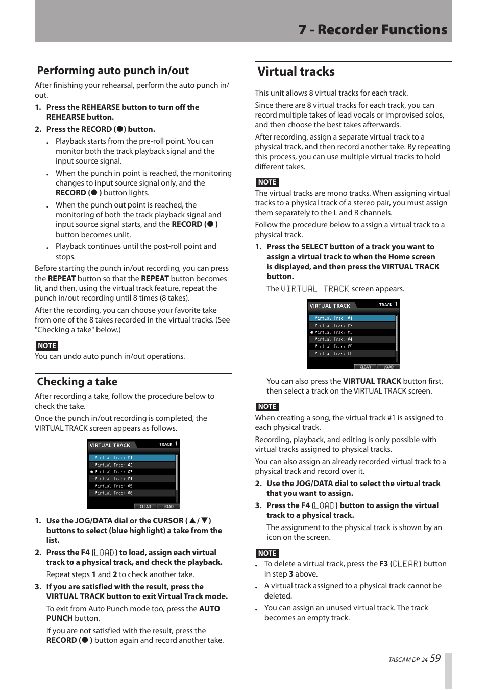 Performing auto punch in/out, Checking a take, Virtual tracks | Performing auto punch in/out checking a take, 7 - recorder functions | Teac DP-24 User Manual | Page 59 / 108