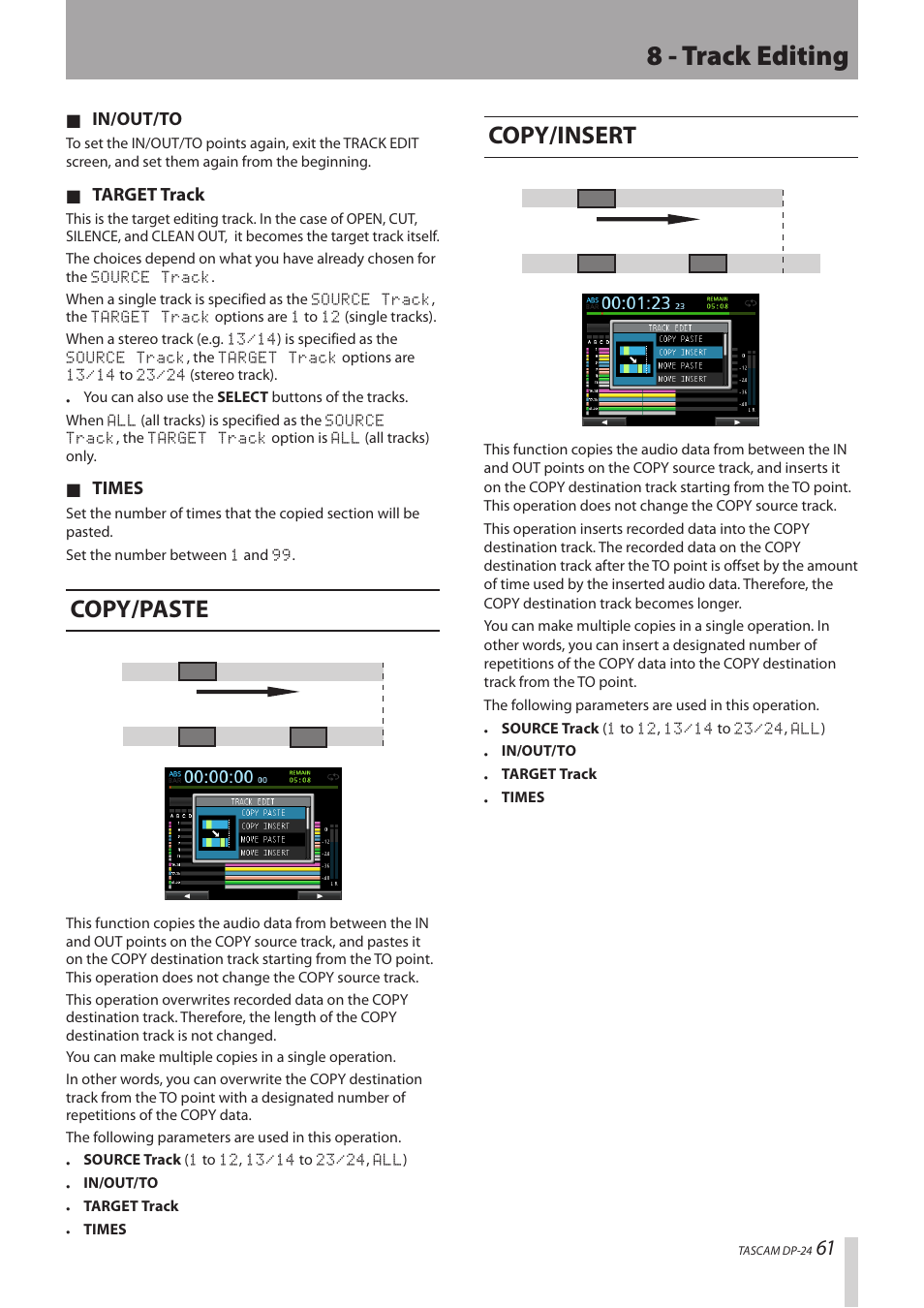 Copy/paste, Copy/insert, Copy/paste copy/insert | 8 - track editing | Teac DP-24 User Manual | Page 61 / 108