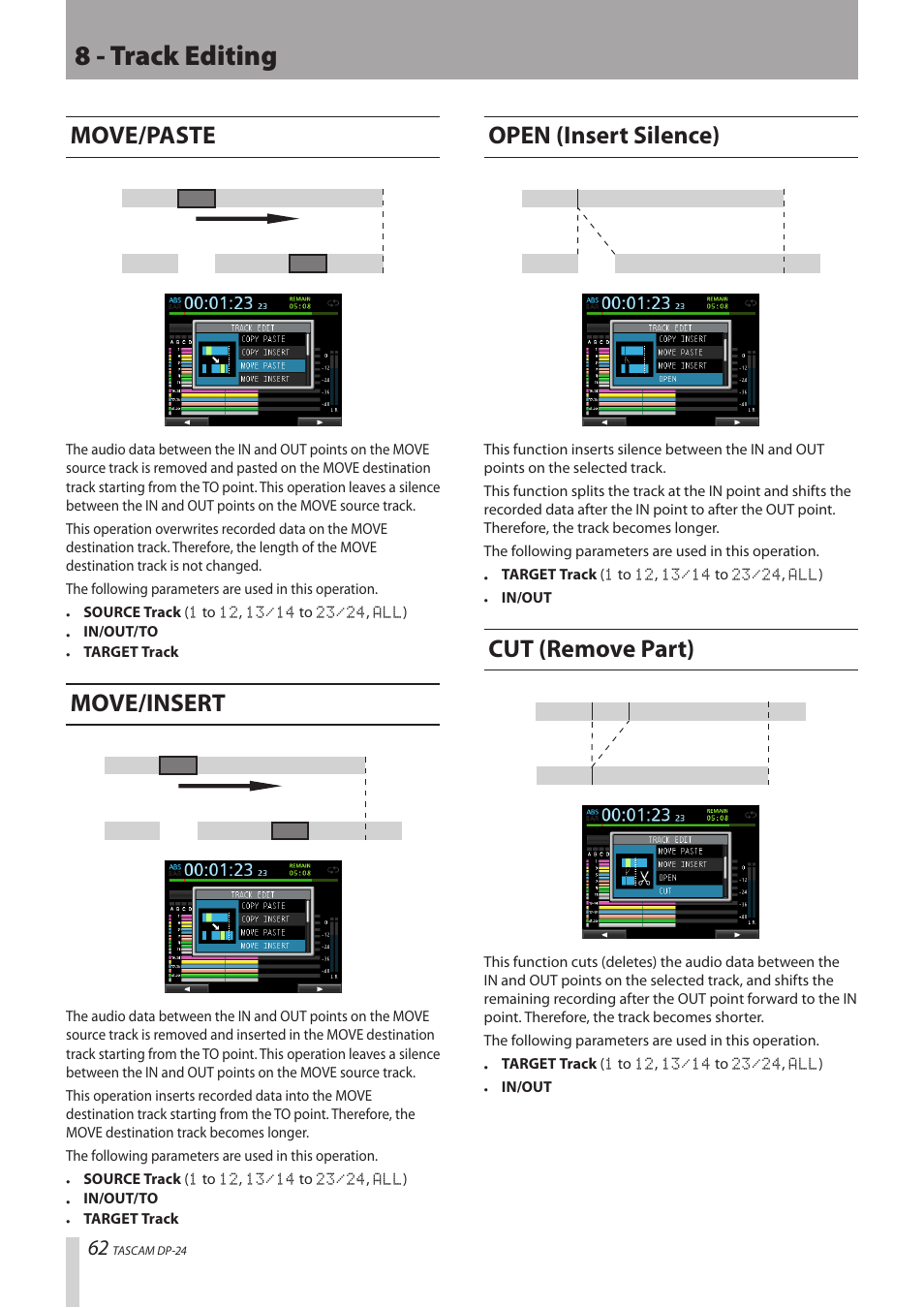 Move/paste, Move/insert, Open (insert silence) | Cut (remove part), 8 - track editing | Teac DP-24 User Manual | Page 62 / 108