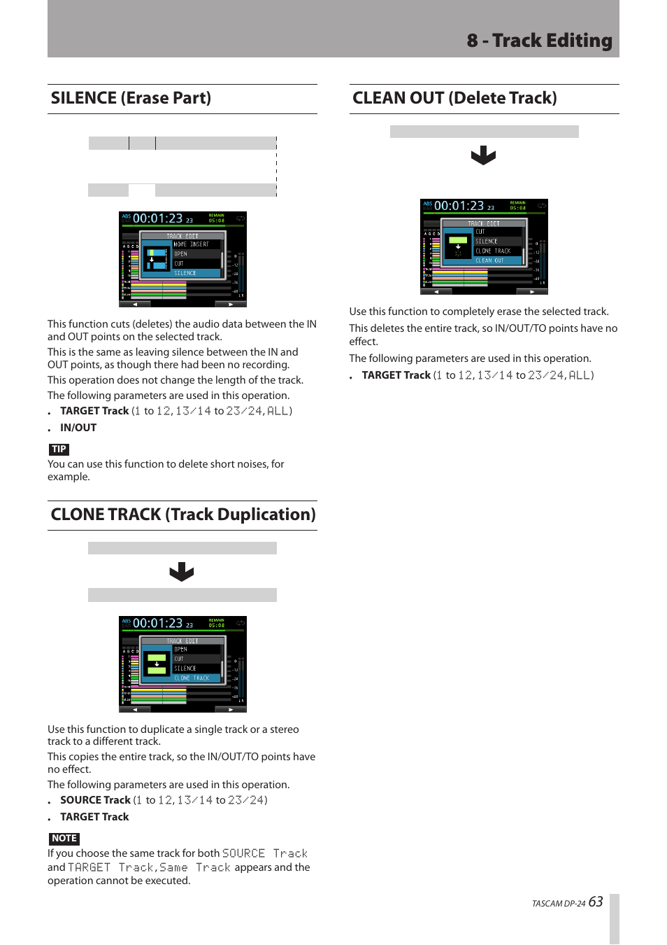 Silence (erase part), Clone track (track duplication), Clean out (delete track) | 8 - track editing | Teac DP-24 User Manual | Page 63 / 108