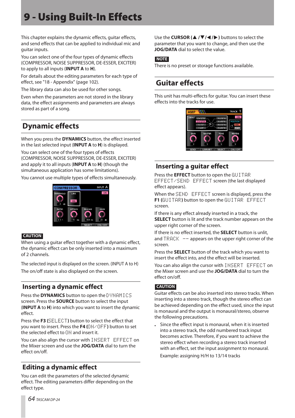 9 - using built-in effects, Dynamic effects, Inserting a dynamic effect | Editing a dynamic effect, Guitar effects, Inserting a guitar effect | Teac DP-24 User Manual | Page 64 / 108