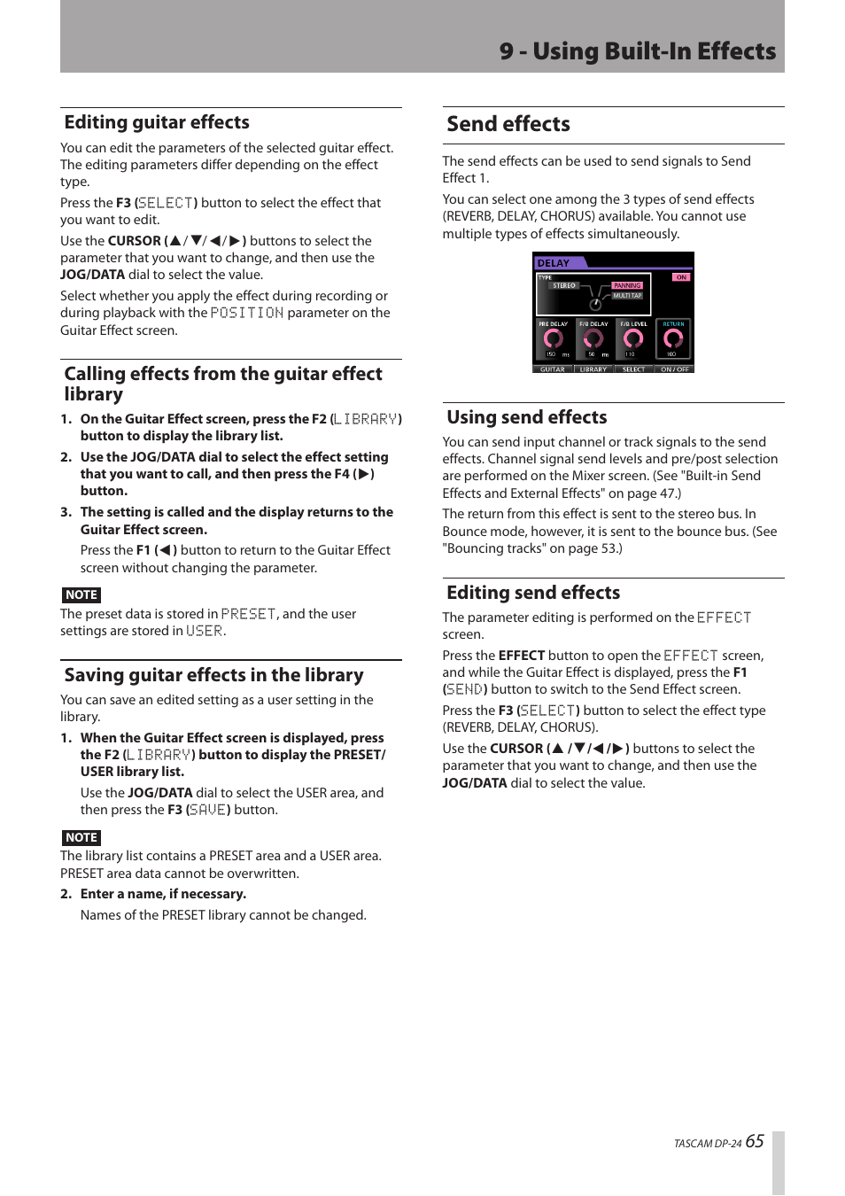 Editing guitar effects, Calling effects from the guitar effect library, Saving guitar effects in the library | Send effects, Using send effects, Editing send effects, Using send effects editing send effects, 9 - using built-in effects | Teac DP-24 User Manual | Page 65 / 108