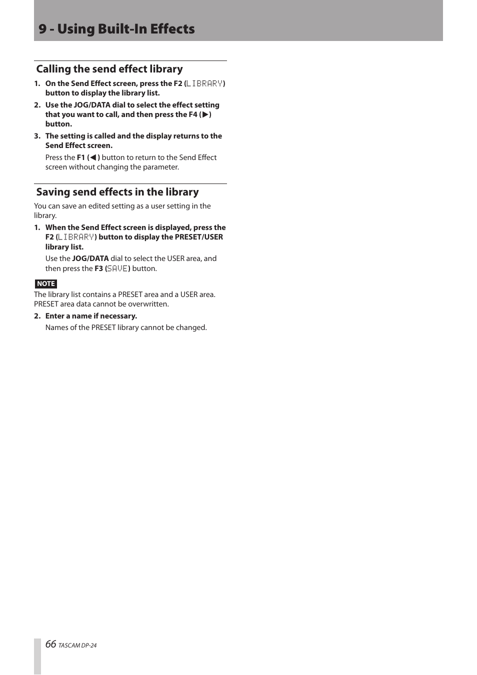 Calling the send effect library, Saving send effects in the library, 9 - using built-in effects | Teac DP-24 User Manual | Page 66 / 108