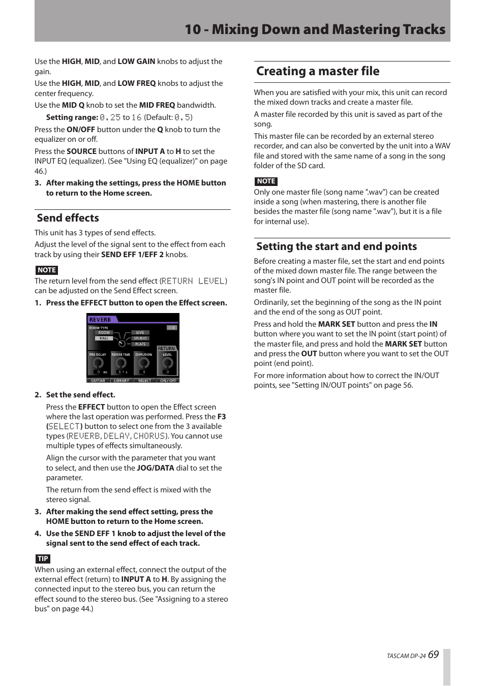 Send effects, Creating a master file, Setting the start and end points | 10 - mixing down and mastering tracks | Teac DP-24 User Manual | Page 69 / 108