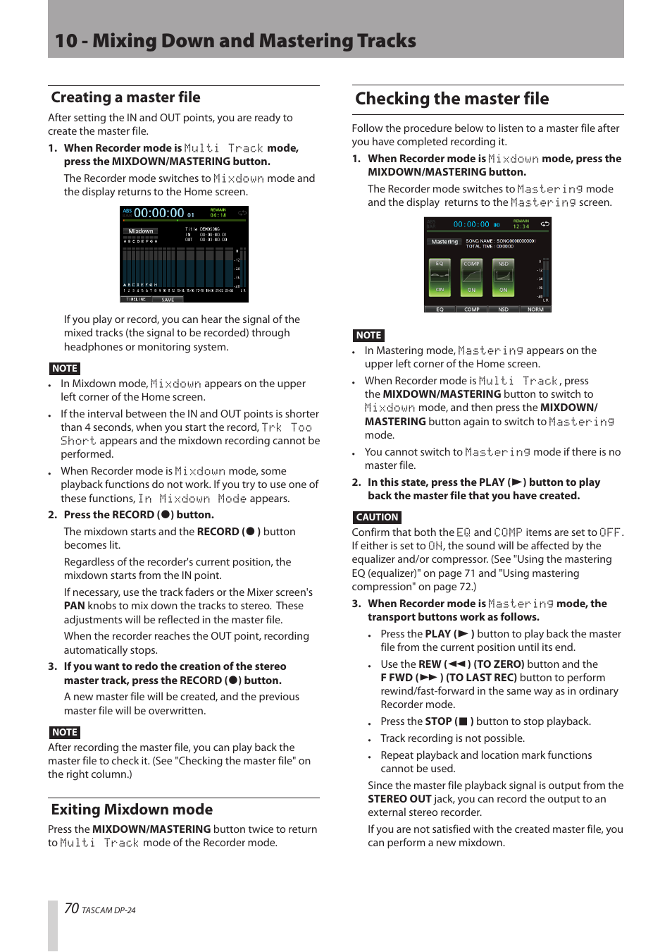 Creating a master file, Exiting mixdown mode, Checking the master file | Creating a master file exiting mixdown mode, 10 - mixing down and mastering tracks | Teac DP-24 User Manual | Page 70 / 108