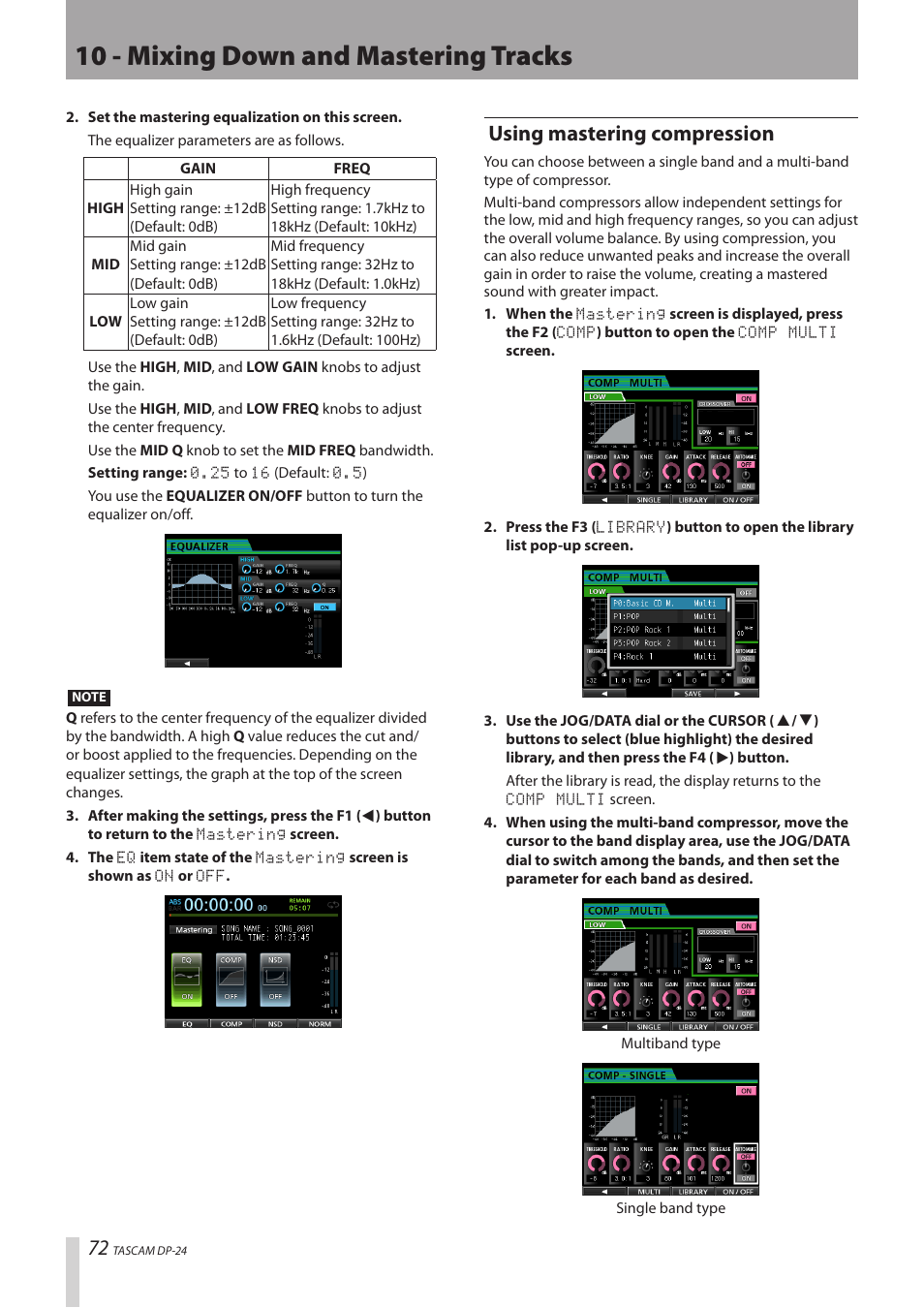 Using mastering compression, 10 - mixing down and mastering tracks | Teac DP-24 User Manual | Page 72 / 108