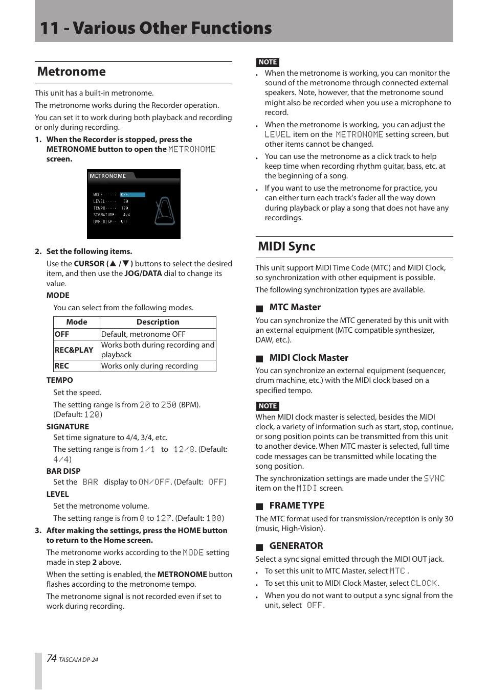 11 - various other functions, Metronome, Midi sync | Metronome midi sync | Teac DP-24 User Manual | Page 74 / 108