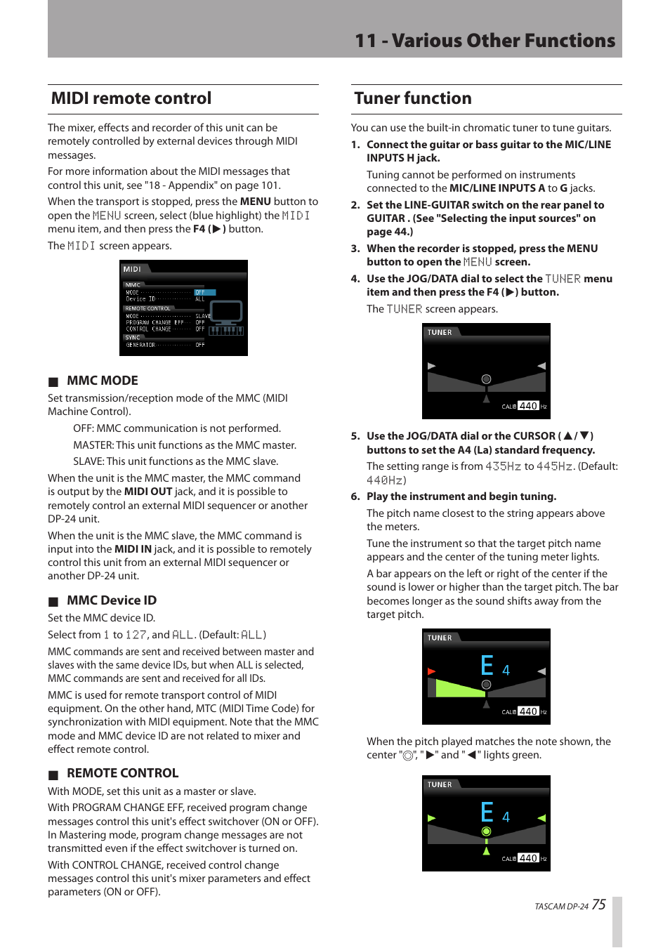 Midi remote control, Tuner function, Midi remote control tuner function | 11 - various other functions | Teac DP-24 User Manual | Page 75 / 108