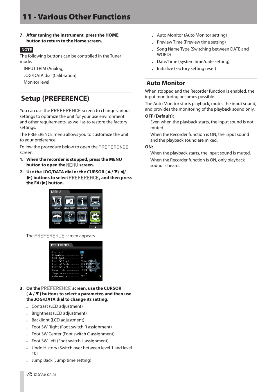 Setup (preference), Auto monitor, 11 - various other functions | Teac DP-24 User Manual | Page 76 / 108