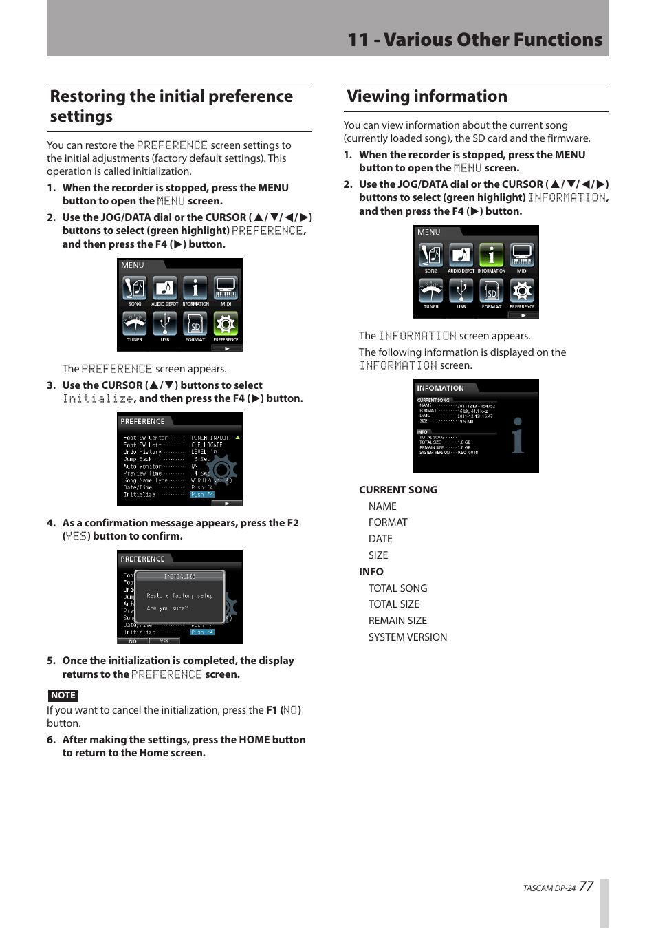 Restoring the initial preference settings, Viewing information, 11 - various other functions | Teac DP-24 User Manual | Page 77 / 108