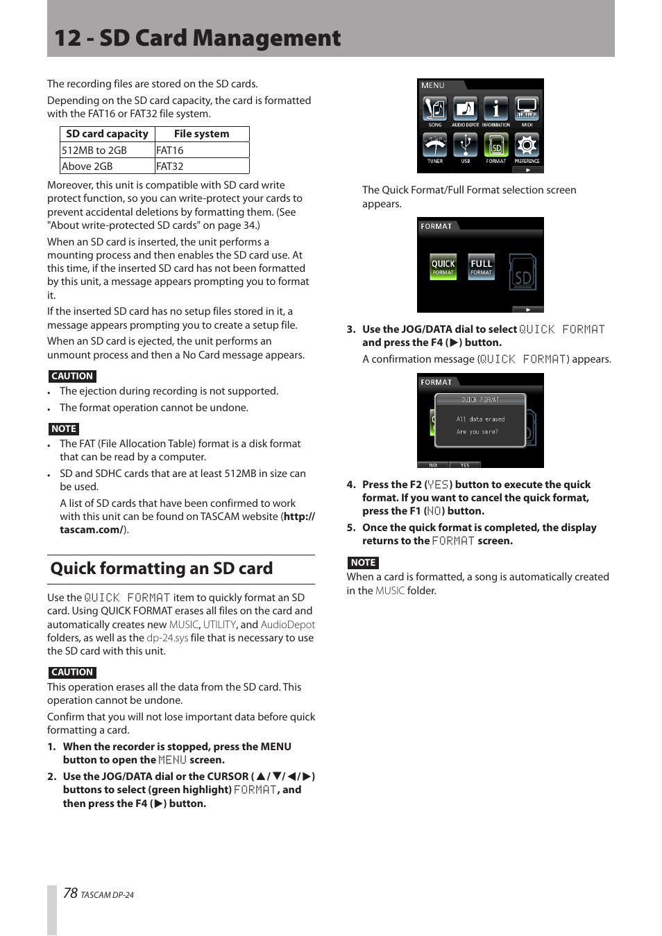 12 - sd card management, Quick formatting an sd card | Teac DP-24 User Manual | Page 78 / 108