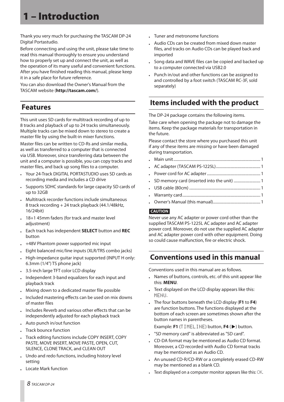 1 – introduction, Features, Items included with the product | Conventions used in this manual | Teac DP-24 User Manual | Page 8 / 108