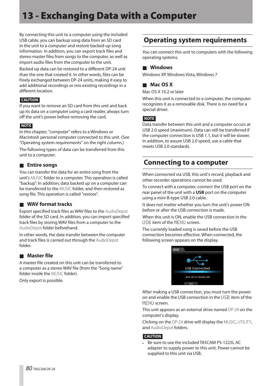 13 - exchanging data with a computer, Operating system requirements, Connecting to a computer | Teac DP-24 User Manual | Page 80 / 108