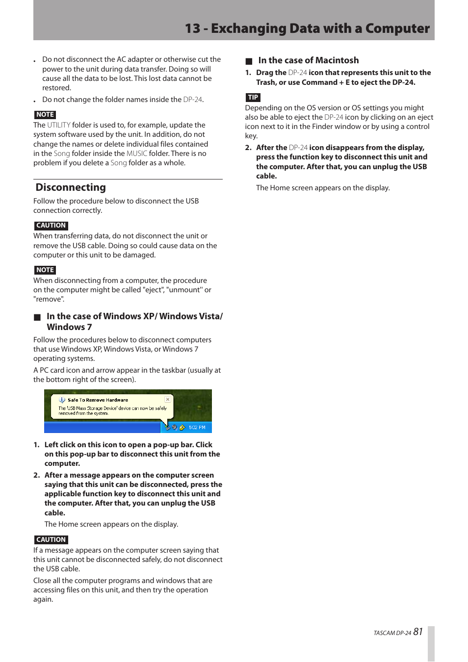 Disconnecting, 13 - exchanging data with a computer | Teac DP-24 User Manual | Page 81 / 108