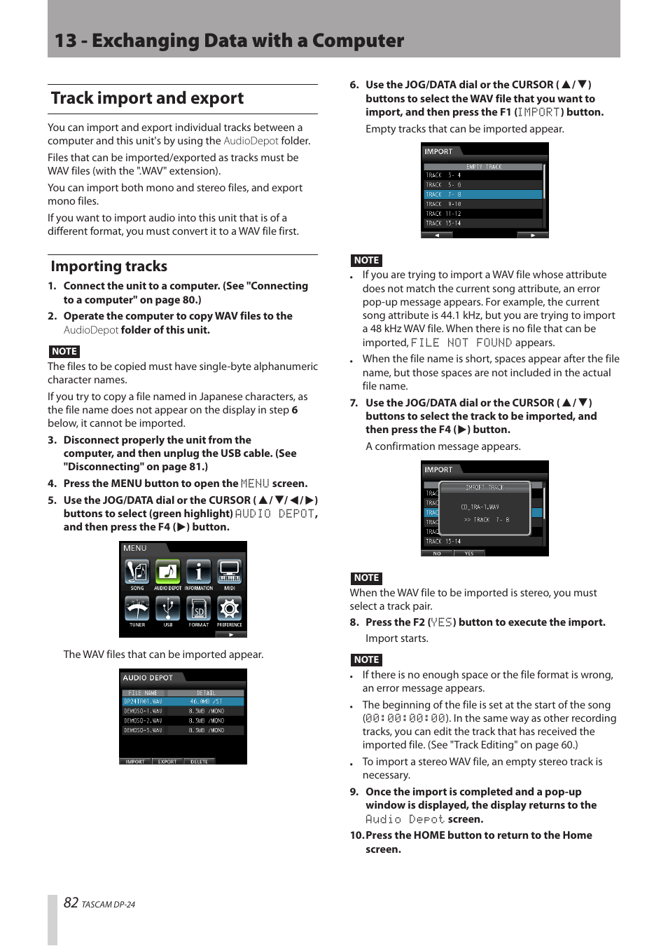 Track import and export, Importing tracks, 13 - exchanging data with a computer | Teac DP-24 User Manual | Page 82 / 108