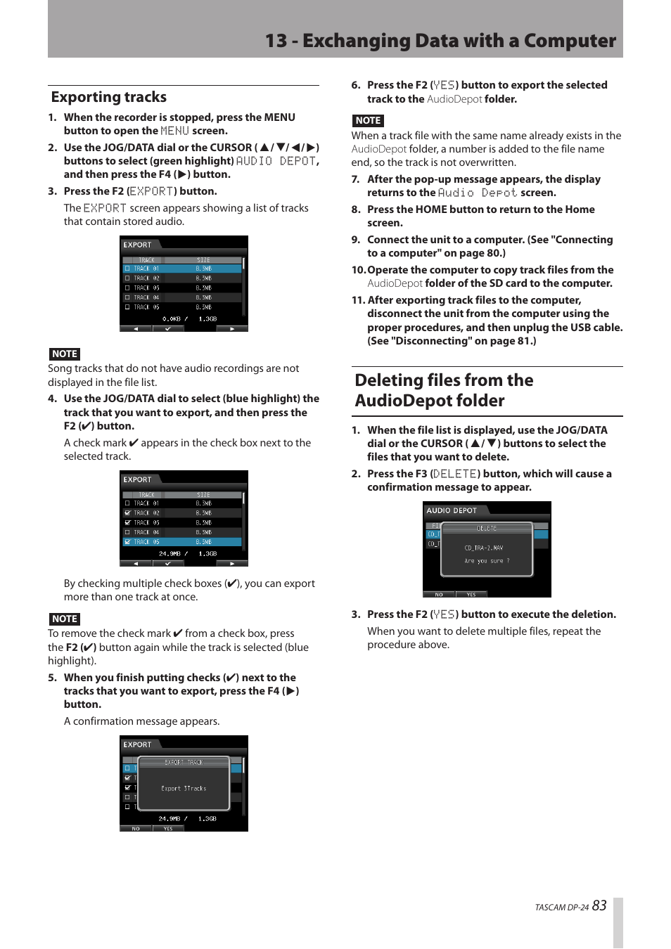 Exporting tracks, Deleting files from the audiodepot folder, 13 - exchanging data with a computer | Teac DP-24 User Manual | Page 83 / 108