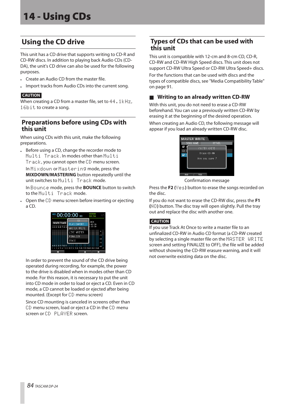 14 - using cds, Using the cd drive, Preparations before using cds with this unit | Types of cds that can be used with this unit | Teac DP-24 User Manual | Page 84 / 108