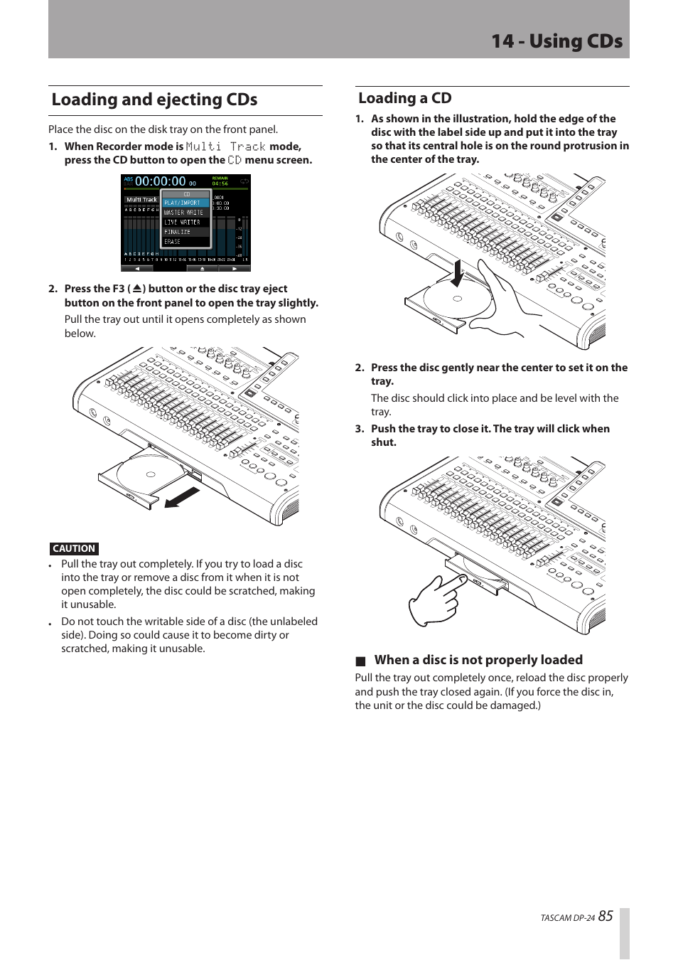 Loading and ejecting cds, Loading a cd, 14 - using cds | Teac DP-24 User Manual | Page 85 / 108