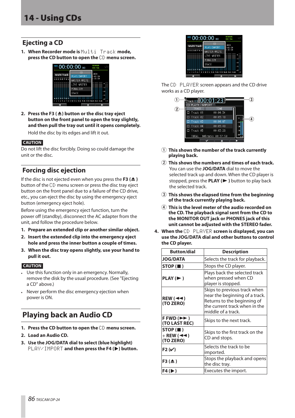 Ejecting a cd, Forcing disc ejection, Playing back an audio cd | Ejecting a cd forcing disc ejection, 14 - using cds | Teac DP-24 User Manual | Page 86 / 108