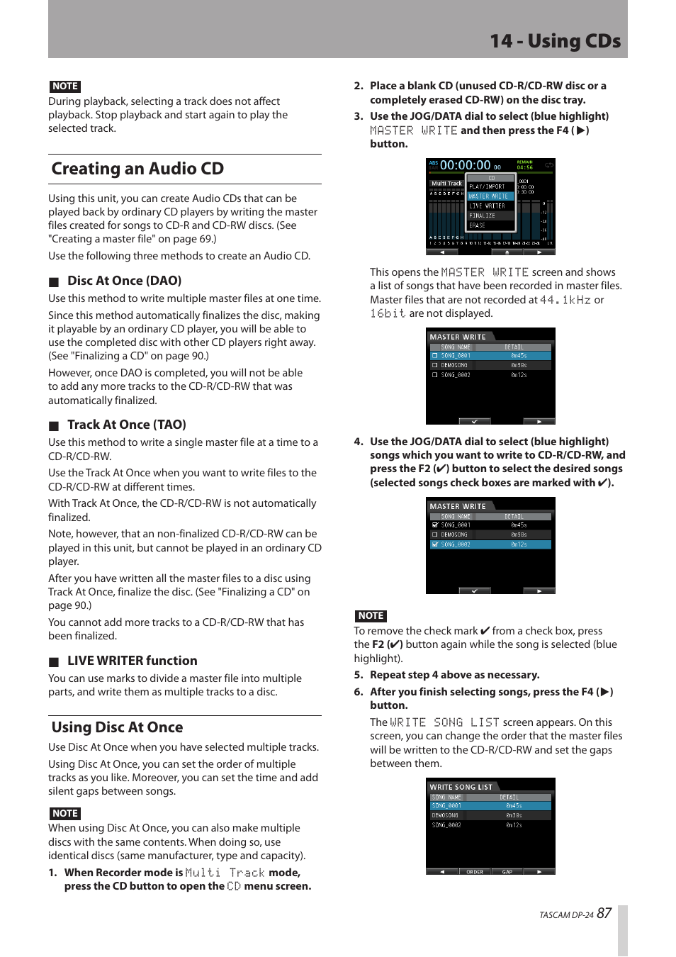 Creating an audio cd, Using disc at once, 14 - using cds | Teac DP-24 User Manual | Page 87 / 108