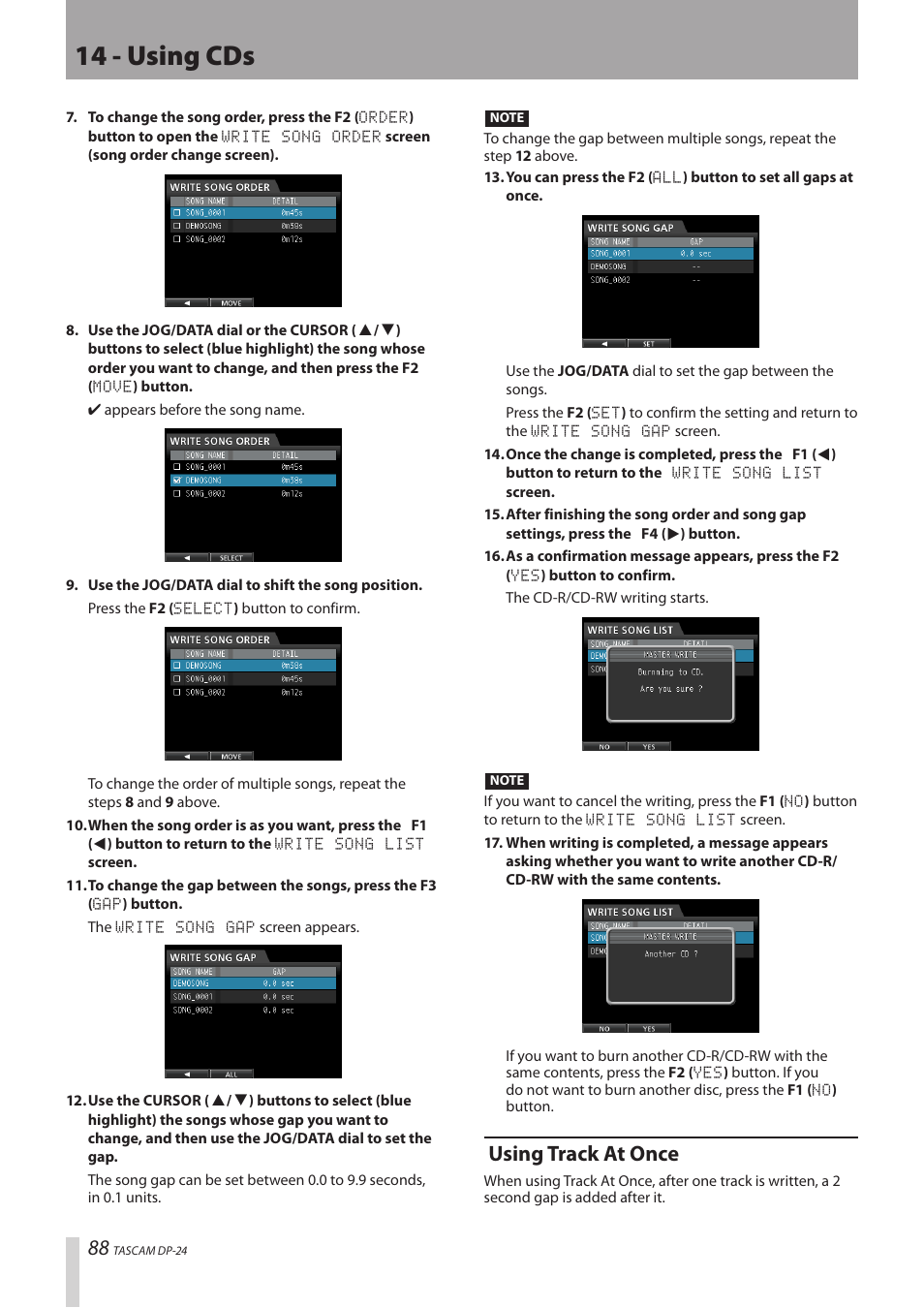 Using track at once, 14 - using cds | Teac DP-24 User Manual | Page 88 / 108