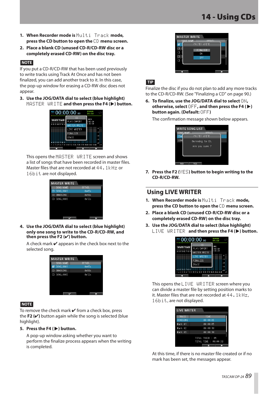 Using live writer, 14 - using cds | Teac DP-24 User Manual | Page 89 / 108