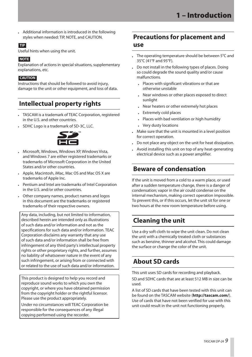 Intellectual property rights, Precautions for placement and use, Beware of condensation | Cleaning the unit, About sd cards, 1 – introduction | Teac DP-24 User Manual | Page 9 / 108