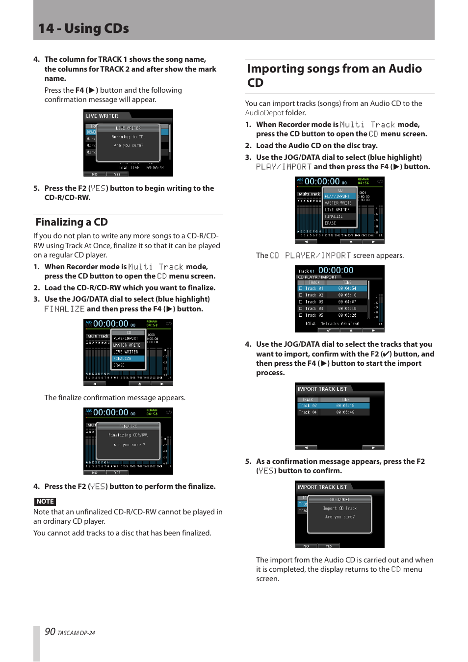 Finalizing a cd, Importing songs from an audio cd, 14 - using cds | Teac DP-24 User Manual | Page 90 / 108