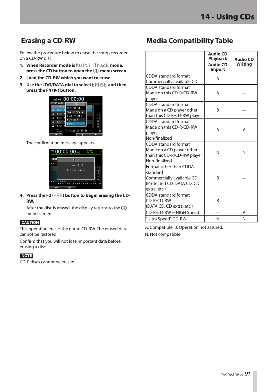 Erasing a cd-rw, Media compatibility table, Erasing a cd-rw media compatibility table | 14 - using cds | Teac DP-24 User Manual | Page 91 / 108