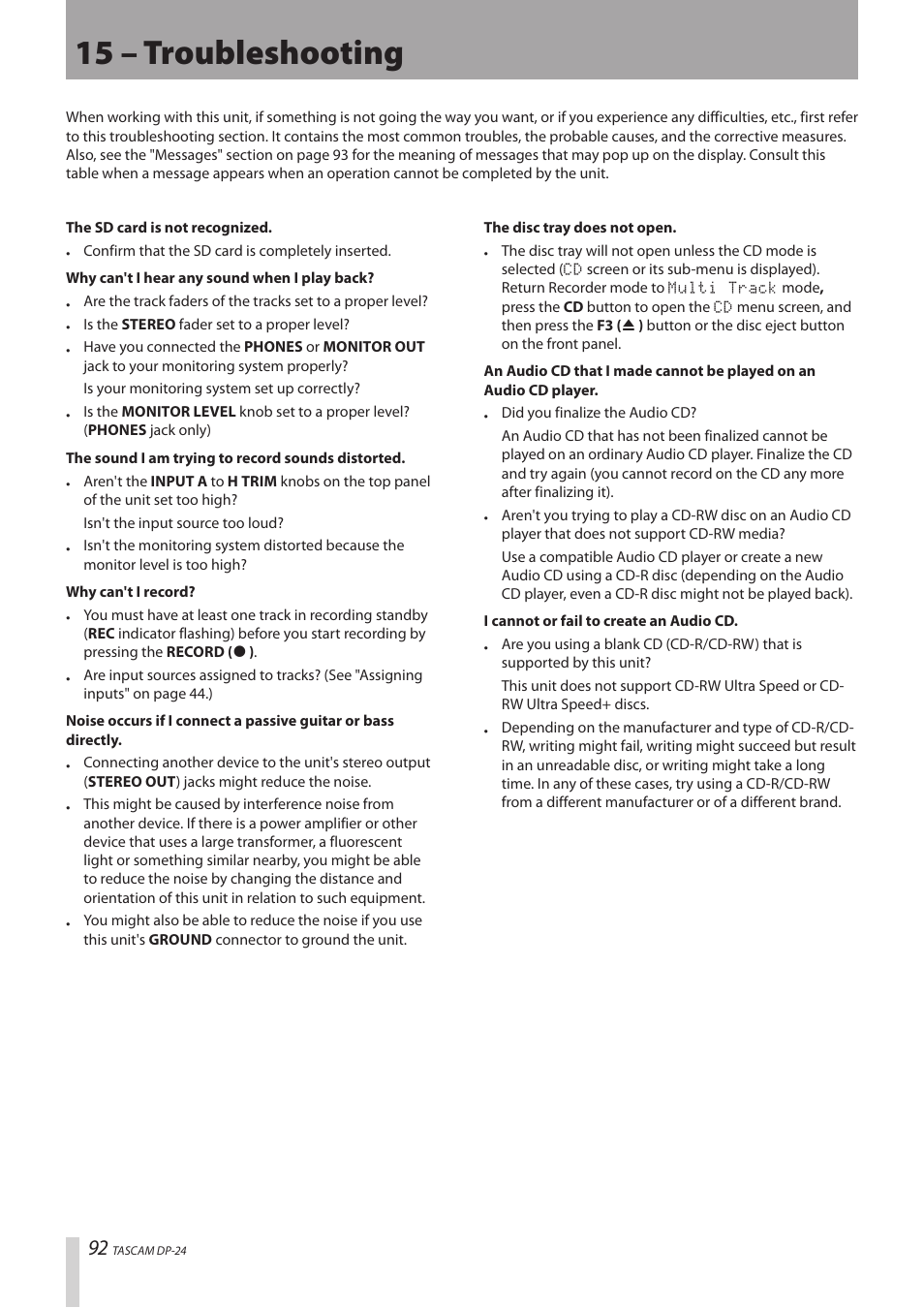 15 – troubleshooting | Teac DP-24 User Manual | Page 92 / 108