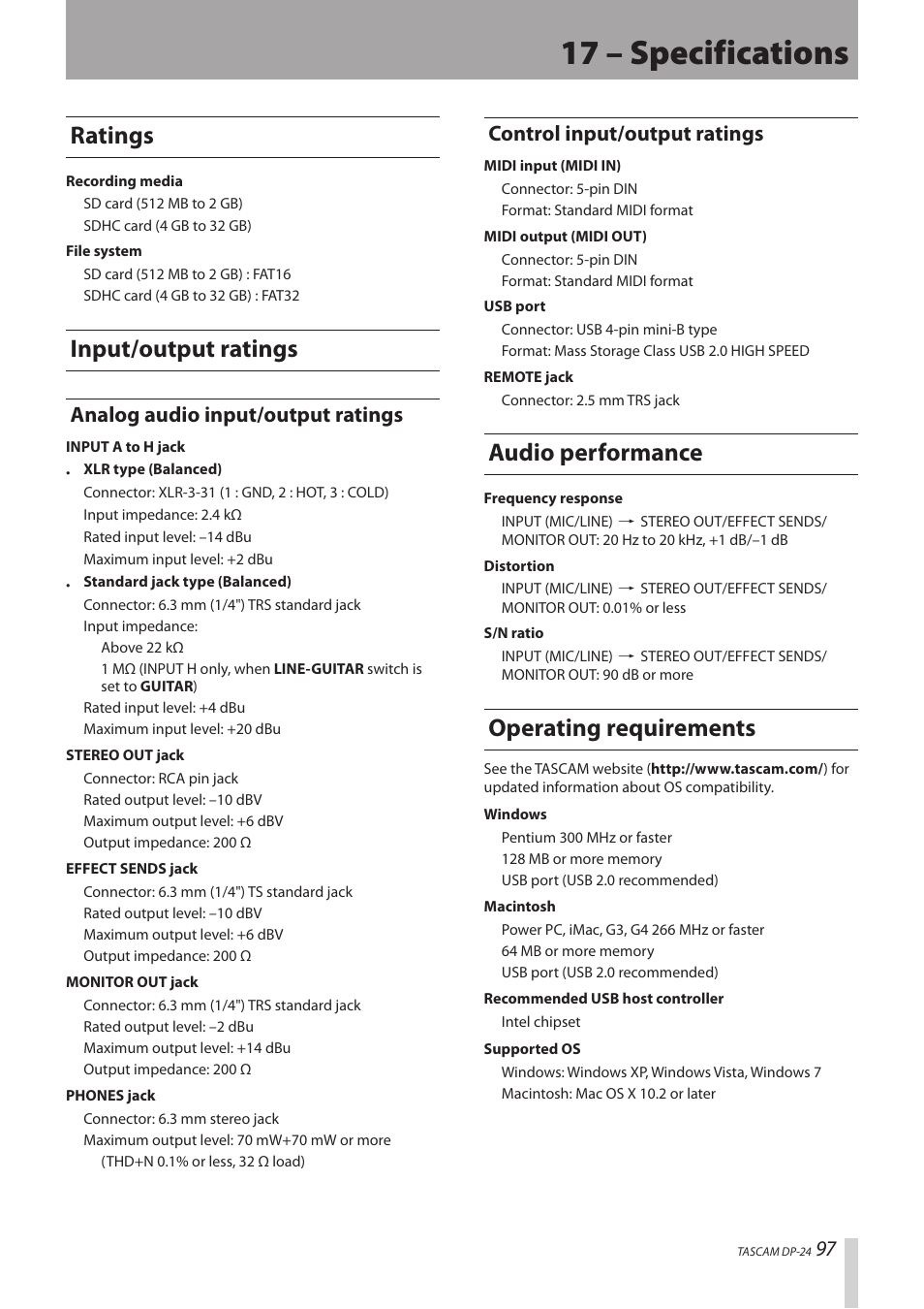 17 – specifications, Ratings, Input/output ratings | Analog audio input/output ratings, Control input/output ratings, Audio performance, Operating requirements, Ratings input/output ratings, Audio performance operating requirements | Teac DP-24 User Manual | Page 97 / 108