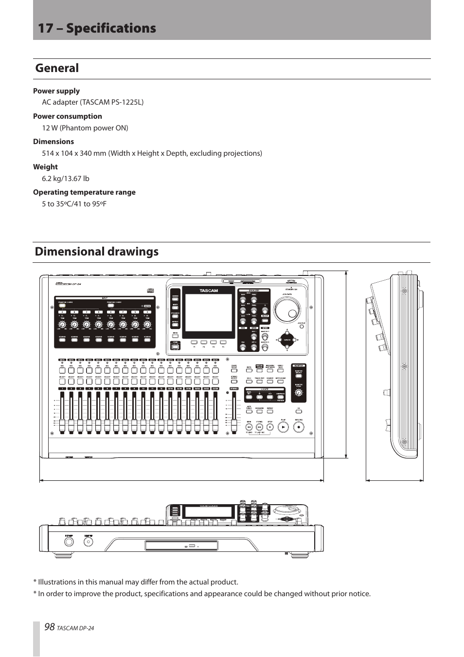 Dimensional drawings, General, Dimensional drawings general | 17 – specifications | Teac DP-24 User Manual | Page 98 / 108