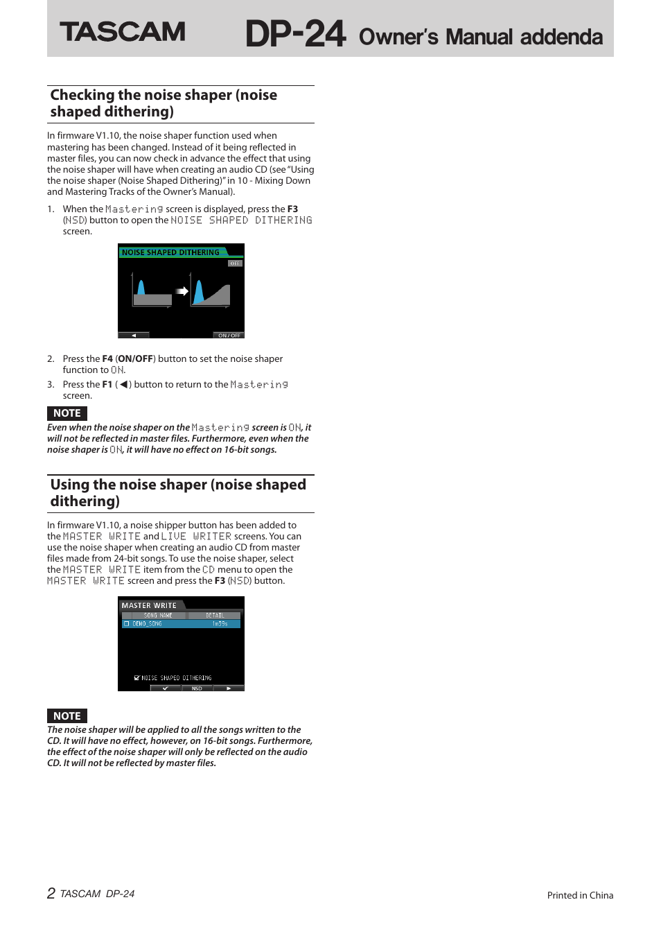 Dp-24, Owner's manual addenda, Checking the noise shaper (noise shaped dithering) | Using the noise shaper (noise shaped dithering) | Teac DP-24 Appendum User Manual | Page 2 / 2