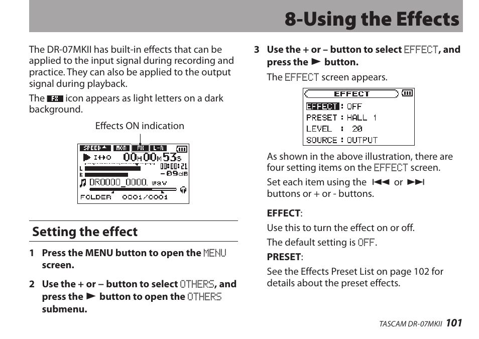 Using the effects, Setting the effect | Teac DR-07MKII User Manual | Page 101 / 124