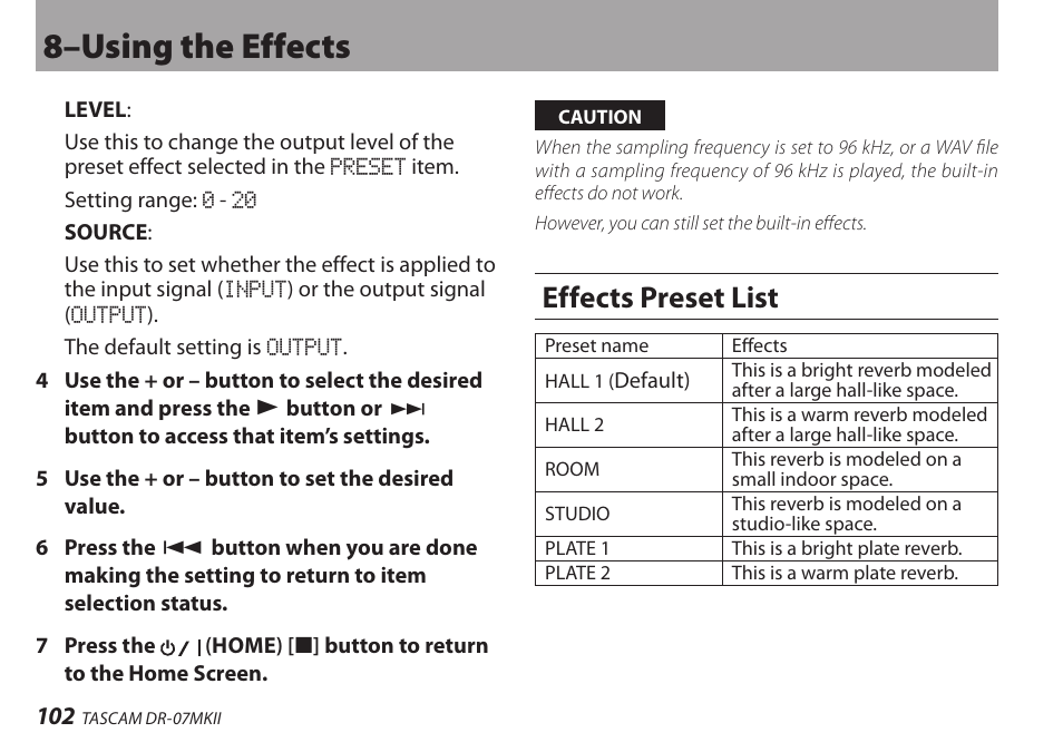 Effects preset list, 8–using the effects | Teac DR-07MKII User Manual | Page 102 / 124