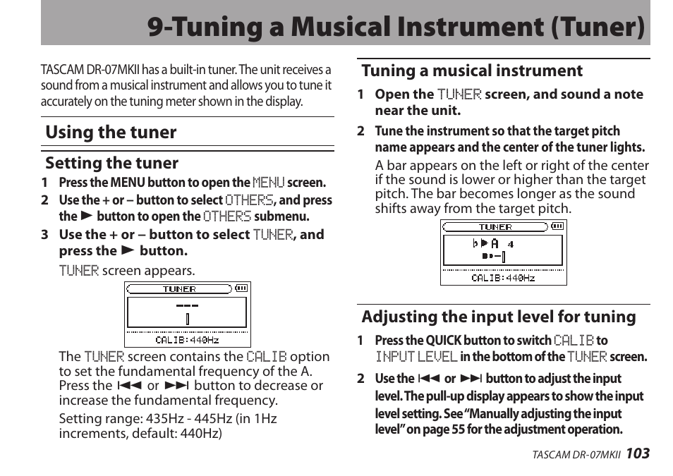 Tuning a musical instrument (tuner), Using the tuner, Setting the tuner | Tuning a musical instrument, Adjusting the input level for tuning | Teac DR-07MKII User Manual | Page 103 / 124