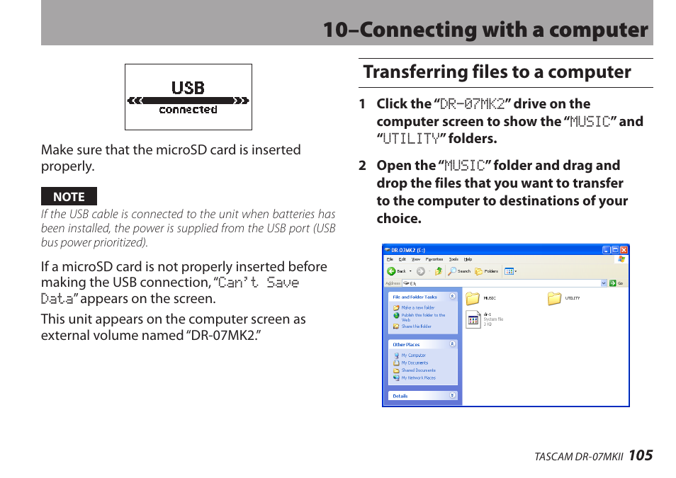 Transferring files to a computer, 10–connecting with a computer | Teac DR-07MKII User Manual | Page 105 / 124