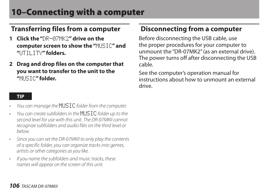 Transferring files from a computer, Disconnecting from a computer, 10–connecting with a computer | Teac DR-07MKII User Manual | Page 106 / 124