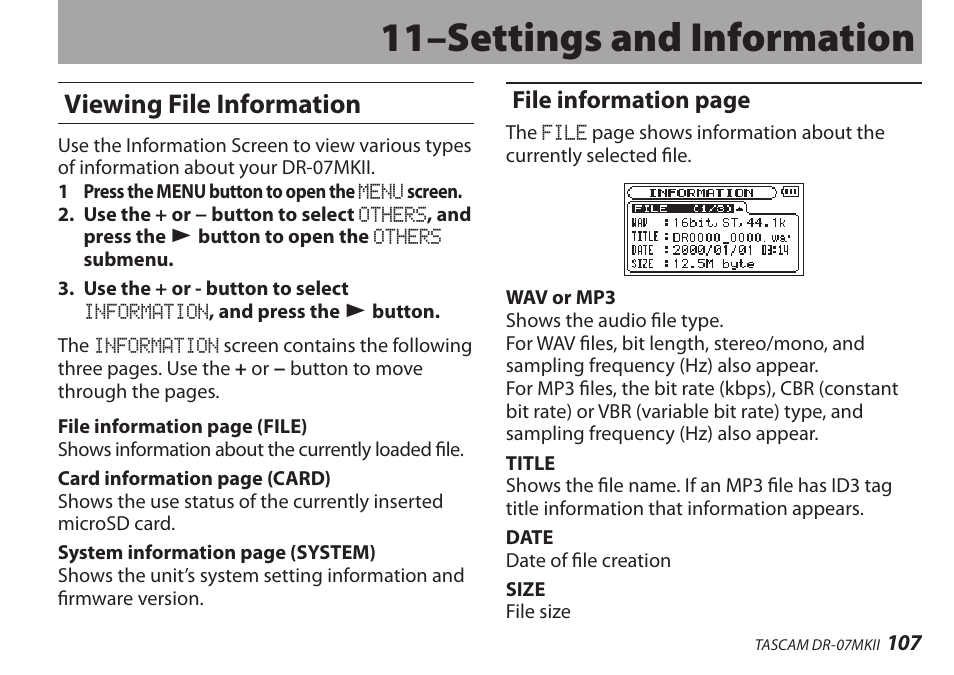 11–settings and information, Viewing file information, File information page | Teac DR-07MKII User Manual | Page 107 / 124