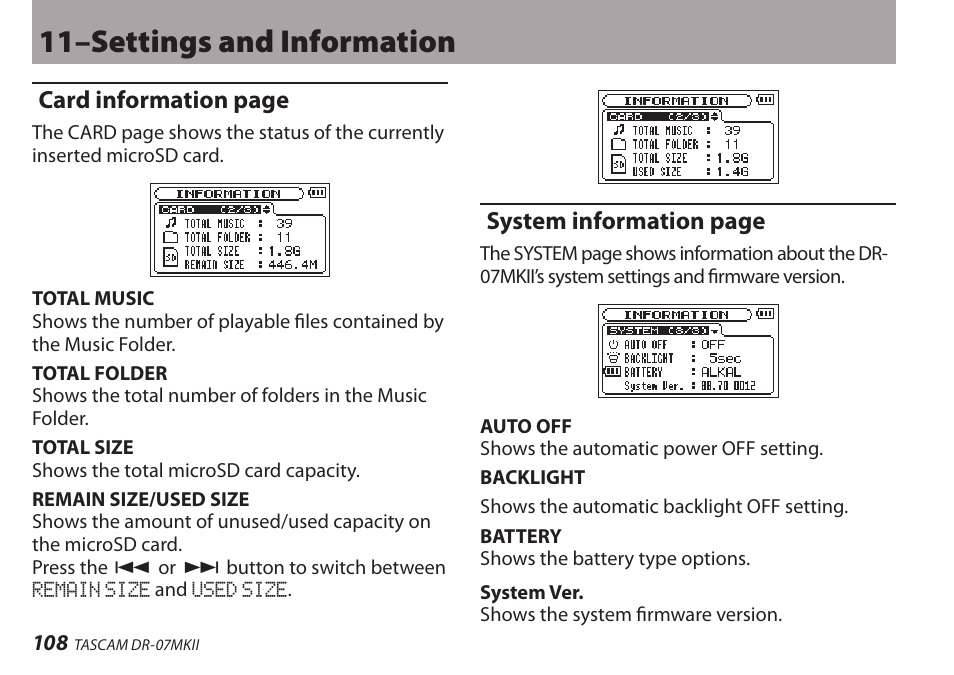 11–settings and information, Card information page, System information page | Teac DR-07MKII User Manual | Page 108 / 124