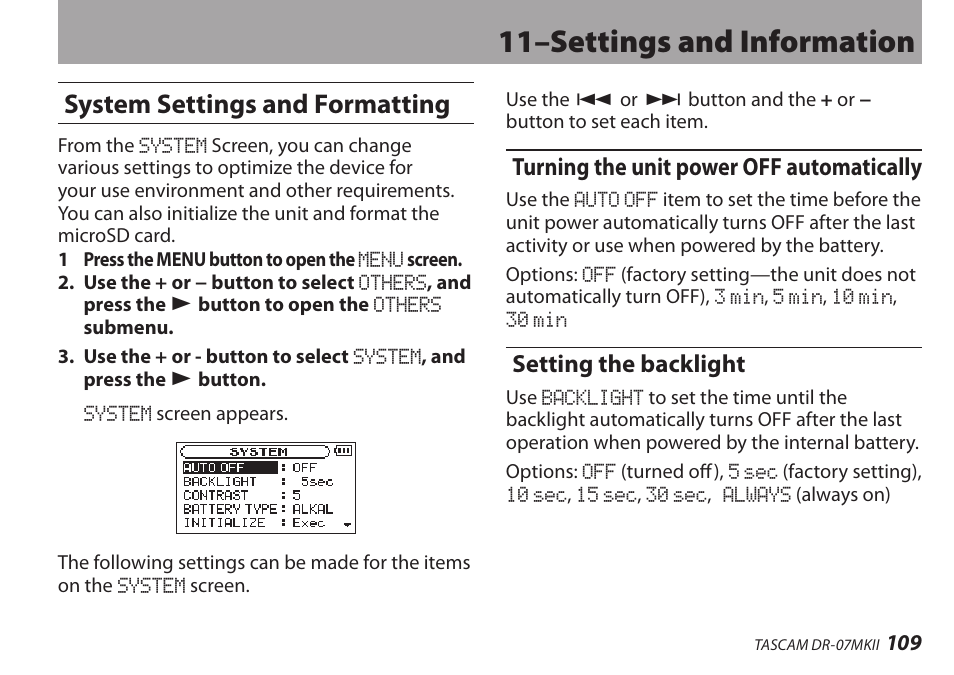 System settings and formatting, Turning the unit power off automatically, Setting the backlight | 11–settings and information | Teac DR-07MKII User Manual | Page 109 / 124