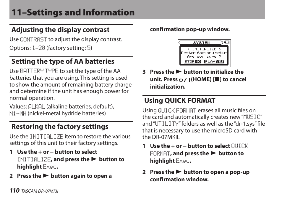 Adjusting the display contrast, Setting the type of aa batteries, Restoring the factory settings | Using quick format, 11–settings and information | Teac DR-07MKII User Manual | Page 110 / 124