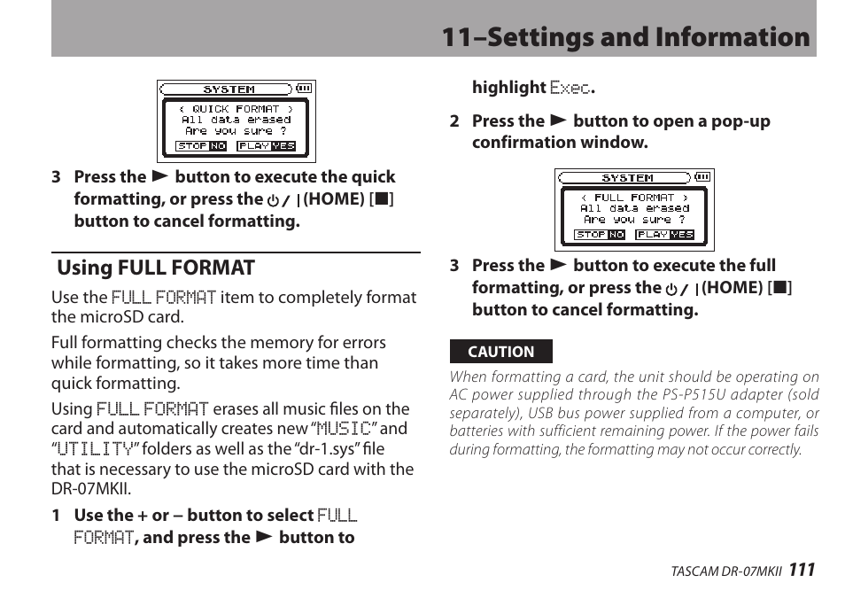 Using full format, 11–settings and information | Teac DR-07MKII User Manual | Page 111 / 124