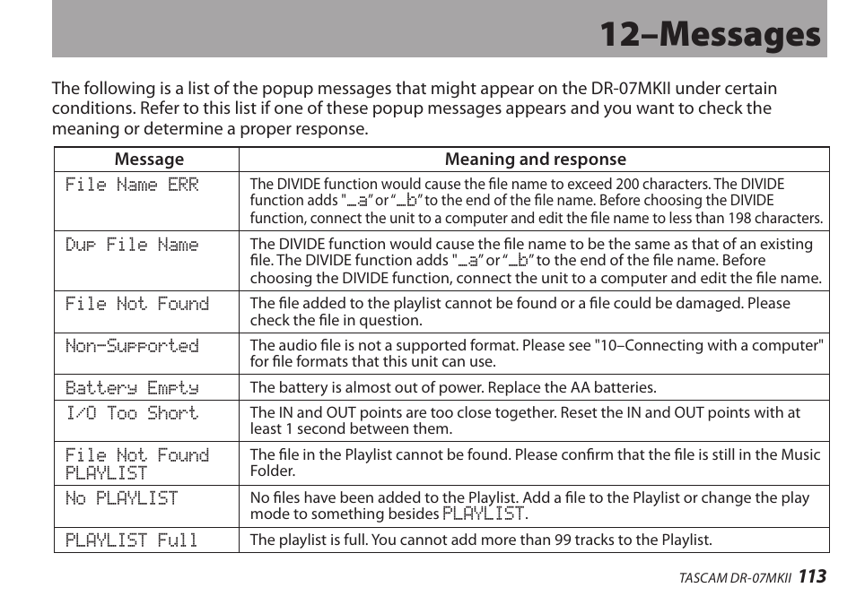 12–messages | Teac DR-07MKII User Manual | Page 113 / 124