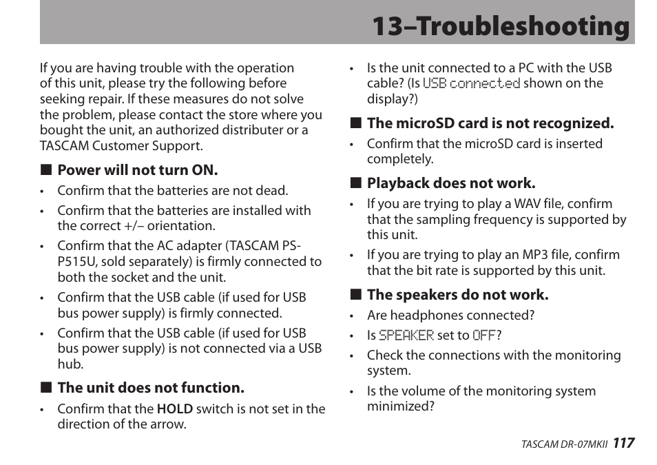 13–troubleshooting | Teac DR-07MKII User Manual | Page 117 / 124