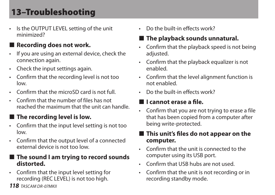 13–troubleshooting | Teac DR-07MKII User Manual | Page 118 / 124