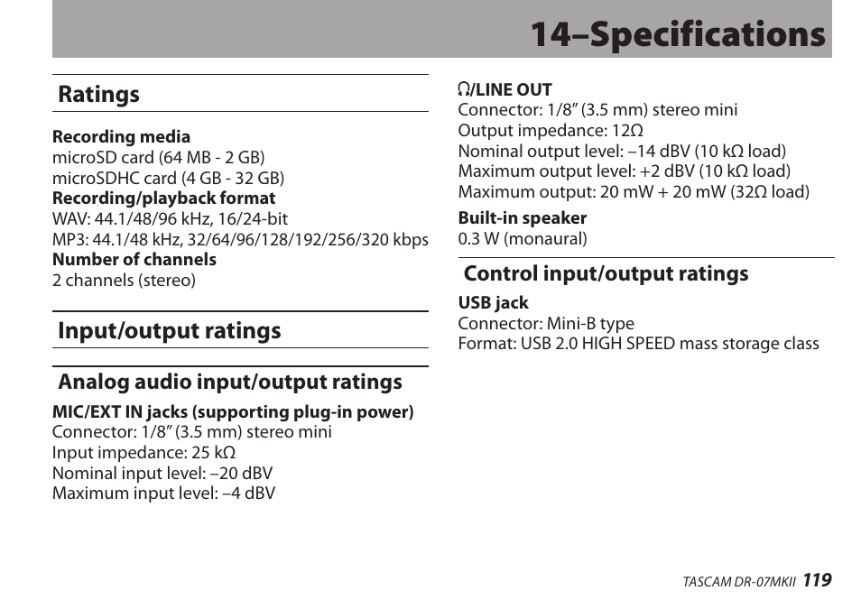 14–specifications, Ratings, Input/output ratings | Analog audio input/output ratings, Control input/output ratings | Teac DR-07MKII User Manual | Page 119 / 124