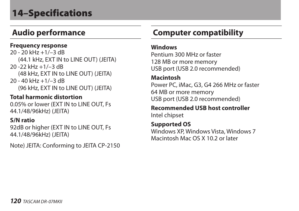 Audio performance, Computer compatibility, 14–specifications | Teac DR-07MKII User Manual | Page 120 / 124