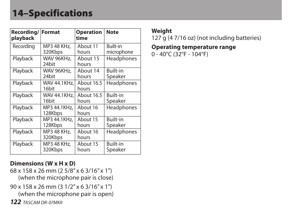 14–specifications | Teac DR-07MKII User Manual | Page 122 / 124